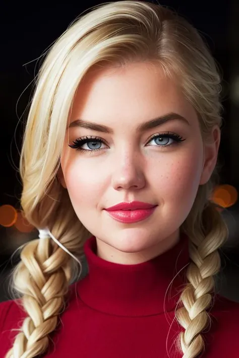 photo of a woman, kateupton:0.99, ((blonde hair, twintails, twin tails)), ((turtleneck sweater, jacket)), ((closeup, portrait)), ((outdoors, city, at night, snow)),smiling, ((red lipstick, eyeliner, eye shadow, blush)), ((best quality, masterpiece, extreme details, high resolution):1.2),((detailed eyes, beautiful eyes, detailed face, beautiful face):1.2)