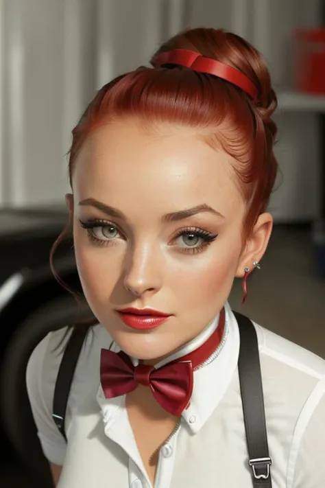 photo of a woman, lindsaylohan,((hair up , hair in bun):1.1) ((bowtie, white shirt, shorts):1.2), ((closeup, portrait)),((garage, tools, workbench):1.2),((red lipstick, eyeliner, eye shadow, blush)), ((best quality, masterpiece, extreme details, high resolution):1.2),((detailed eyes, beautiful eyes, detailed face, beautiful face):1.2)