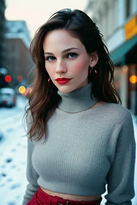 hilaryswank, photo of a woman, perfect hair, beautiful perfect skin, (modern photo, 24mm, analog, cinematic, film grain):1.3), ((red lipstick)), detailed eyes, (cowboy shot, waist, hips, thighs), (looking at viewer), earrings, (eyeliner, eyelashes), ((detailed eyes, beautiful eyes)), epic, photo of a woman, ((dark brown hair)), ((turtleneck sweater, jacket, leggings, snow, city)),smiling, (red lipstick, blush), ((best quality, masterpiece, extreme details, high resolution):1.2),((detailed eyes, beautiful eyes, detailed face, beautiful face):1.2)