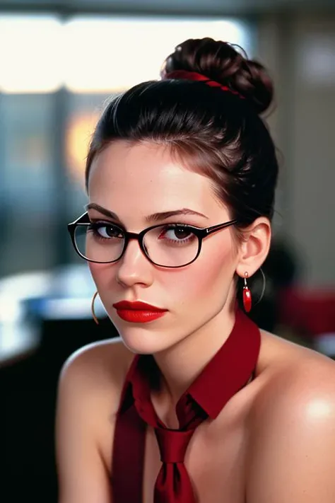 hilaryswank, photo of a woman, perfect hair, beautiful perfect skin, (modern photo, 24mm, analog, cinematic, film grain):1.3), ((red lipstick)), detailed eyes, (cowboy shot, waist, hips, thighs), (looking at viewer), earrings, (eyeliner, eyelashes), ((detailed eyes, beautiful eyes)), epic, , photo of a woman, perfect hair, beautiful perfect skin, ((black hair, hair up, hair in bun, busy office, glasses)), (modern photo, necktie, shirt), 24mm, (analog, cinematic, film grain:1.3), , detailed eyes, (epic), (upper body), (looking at viewer), earrings, (eyeliner, eyelashes)