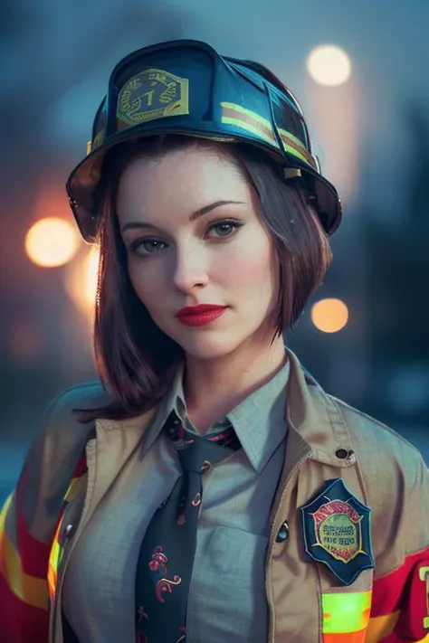 <lora:Winona-000006:0.6>, winona, ,(epic) , photo of a woman, ((outdoors, fire, at night)),((firefighter uniform, firefighter hat)) smiling, (lipstick, blush, eye shadow), ((best quality, masterpiece, extreme details, high resolution):1.2),((detailed eyes, beautiful eyes, detailed face, beautiful face):1.2)