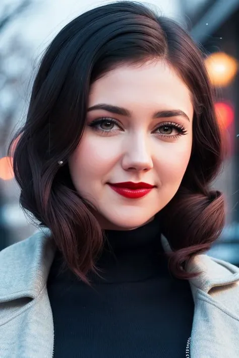 photo of a woman, maryew:0.99, ((short hair, dark blue hair, twintails, twin tails)), ((turtleneck sweater, jacket)), ((outdoors, city, at night, snow)),smiling, ((red lipstick, eyeliner, eye shadow, blush)), ((best quality, masterpiece, extreme details, high resolution):1.2),((detailed eyes, beautiful eyes, detailed face, beautiful face):1.2)