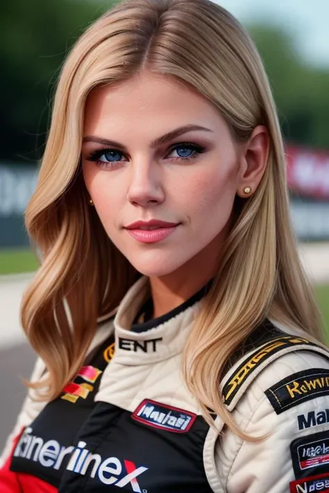 brookdeck,photo of a woman, ((blonde hair)), ((nascar uniform, nascar jumpsuit, racetrack, race car, outdoors)),smiling, (red lipstick, blush), ((best quality, masterpiece, extreme details, high resolution):1.2),((detailed eyes, beautiful eyes, detailed face, beautiful face):1.2) (epic)