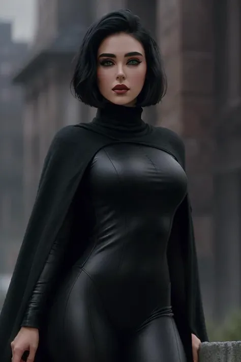<lora:jenniferconnelly:0.5>, ,jenniferconnelly, , photo of a woman, ((black hair, short hair)), ((outdoors, detailed fantasy city, turtleneck bodysuit, cape)),serious, ((dark lipstick, heavy eyeliner, heavy eye shadow, blush, goth makeup)), ((best quality, masterpiece, extreme details, high resolution):1.2),((detailed eyes, beautiful eyes, detailed face, beautiful face):1.2)