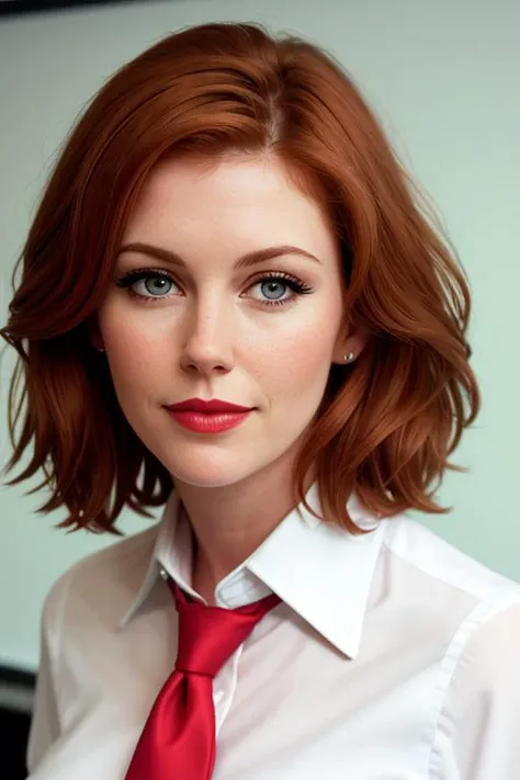 photo of a woman, diorab:0.99,((beautiful reddish blonde hair, short hair)) ((necktie, white shirt, skirt):1.2), ((closeup, portrait):1.2),((whiteboard, conference room):1.2),((red lipstick,heavy eyeliner, heavy eye shadow, blush):1.2), ((best quality, masterpiece, extreme details, high resolution):1.2),((detailed eyes, beautiful eyes, detailed face, beautiful face):1.2)
