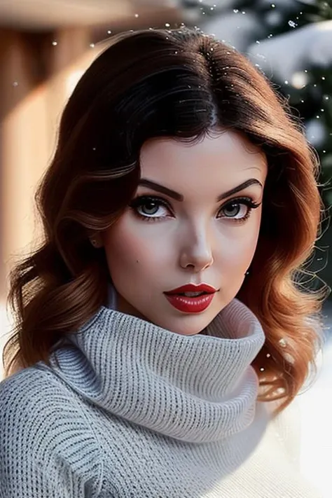 photo of a woman, oliviarose:0.99, ((dark brown hair)), ((turtleneck sweater, scarf):1.1), ((closeup, portrait)),((outdoors, snow)), ((red lipstick, makeup)), (serious), ((best quality, masterpiece, extreme details, high resolution):1.2),((detailed eyes, beautiful eyes, detailed face, beautiful face):1.2)
