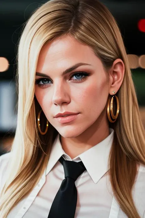 brookdeck,photo of a woman, ((blonde hair)), , perfect hair, beautiful perfect skin, ((busy office)), (modern photo, necktie, shirt), 24mm, (analog, cinematic, film grain:1.3), , detailed eyes, (upper body), (looking at viewer), earrings, (eyeliner, eyelashes) (epic)
