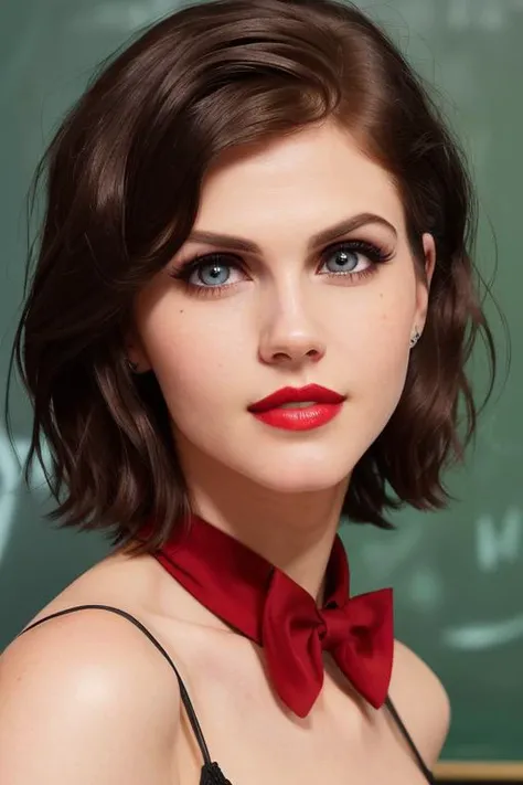 photo of a woman, ad-2, ((dark brown hair)), ((shirt, pixie cut, bowtie, short hair):1.1), ((closeup, portrait)),((classroom, chalkboard)), ((red lipstick, makeup)), (smile), ((best quality, masterpiece, extreme details, high resolution):1.2),((detailed eyes, beautiful eyes, detailed face, beautiful face):1.2)