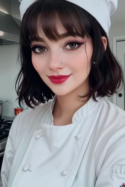 <lora:rocketbabey-08:0.6>, rocketbabey, , photo of a woman, , ((chef hat, chef jacket, commercial kitchen)), smiling, (lipstick, blush, eye shadow), ((best quality, masterpiece, extreme details, high resolution):1.2),((detailed eyes, beautiful eyes, detailed face, beautiful face):1.2)