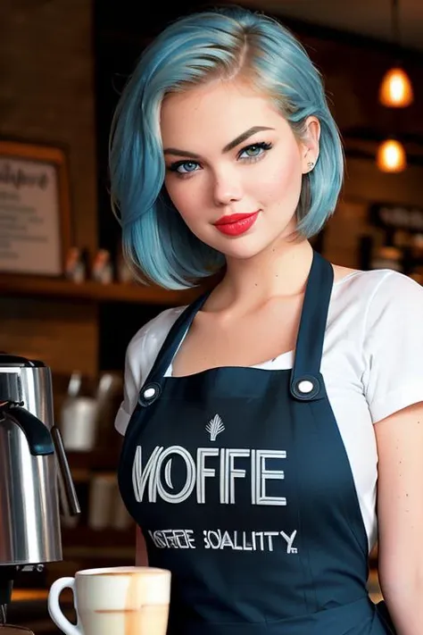 kateupton-1548:0.99 , photo of a woman, ((short hair, blue hair)), ((barista uniform, barista outfit, apron, coffee shop, coffee cup)),smiling, ((red lipstick, eyeliner, eye shadow, blush)), ((best quality, masterpiece, extreme details, high resolution):1.2),((detailed eyes, beautiful eyes, detailed face, beautiful face):1.2)