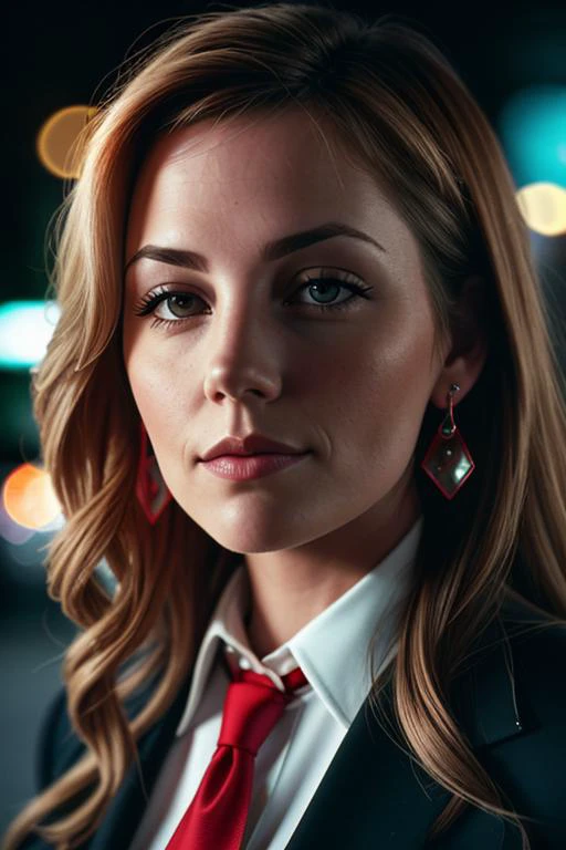 ericad-946 , photo of a woman, closeup portrait, perfect hair, (modern photo, necktie, shirt), 24mm, (analog, cinematic, film grain:1.3), (on the streets of Paris, nighttime, gritty:1.1), detailed eyes, (seductive pose), (epic), upper body, (looking at viewer), earrings, (eyeliner, eyelashes)