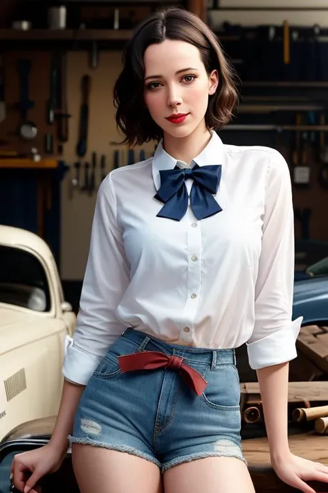 photo of a woman, rebeccahall:0.99, ((short hair)) ((bowtie, white shirt, denim shorts):1.2), ((cowboy shot, waist, hips, thighs):1.2),((garage, tools, workbench):1.2),((red lipstick, eyeliner, eye shadow, blush)), ((best quality, masterpiece, extreme details, high resolution):1.2),((detailed eyes, beautiful eyes, detailed face, beautiful face):1.2)