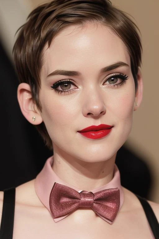 photo of wryder:0.99, a woman, ((pale skin)), ((short hair, pixie cut):1.2), ((bowtie, shirt)), ((closeup, portrait):1.2), ((conference room)),(((red lipstick,eyeliner, eye shadow, blush):1.1))), ((best quality, masterpiece, extreme details, high resolution):1.2),((detailed eyes, beautiful eyes, detailed face, beautiful face):1.2)