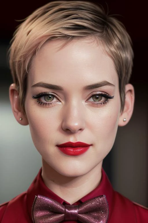 photo of wryder:0.99, a woman, ((pale skin)), ((short hair, pixie cut):1.2), ((bowtie, shirt)), ((closeup, portrait):1.2), ((conference room)),(((red lipstick,eyeliner, eye shadow, blush):1.1))), ((best quality, masterpiece, extreme details, high resolution):1.2),((detailed eyes, beautiful eyes, detailed face, beautiful face):1.2)
