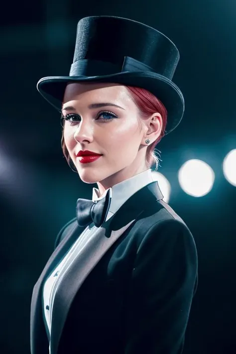 photo of a woman, rachelbro, ((wearing a tuxedo jacket, shirt, bowtie, top hat, short hair):1.1), ((closeup, portrait)),((on stage, spotlights):1.2), ((red lipstick, makeup)), (smile), ((best quality, masterpiece, extreme details, high resolution):1.2),((detailed eyes, beautiful eyes, detailed face, beautiful face):1.2)