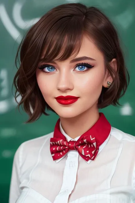 photo of a woman, <lora:leniklum-06:0.7>, leniklum, ((shirt, bowtie, short hair):1.1), ((closeup, portrait)),((classroom, chalkboard)), ((red lipstick, makeup)), (smile), ((best quality, masterpiece, extreme details, high resolution):1.2),((detailed eyes, beautiful eyes, detailed face, beautiful face):1.2)