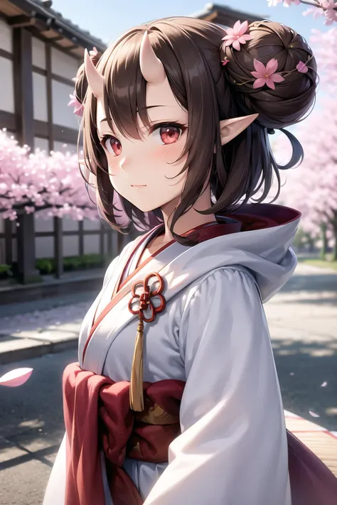masterpiece, best quality, momonosei, ultra_high_res, realistic, lustrous skin, ray_tracing, detailed_background, 3d face,
1girl, solo, hood up, brown hair, japanese clothes, horns, kimono, oni horns, hood, red eyes, hair between eyes, hair ornament, pointy ears, wide sleeves, long sleeves, skin-covered horns, hair flower, uchikake, bangs, double bun, hair bun, red sash, blush, sleeves past wrists, tassel, wataboushi, obi, short hair, small breast, sash,
upper body, street, close mouth, Cherry blossoms, from side,
<lora:momonosei:1:MIDD>