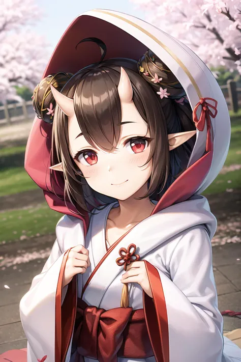masterpiece, best quality, momonosei, ultra_high_res, realistic, lustrous skin, ray_tracing, detailed_background, 3d face,
1girl, solo, hood up, brown hair, japanese clothes, horns, kimono, oni horns, hood, red eyes, hair between eyes, hair ornament, pointy ears, wide sleeves, long sleeves, skin-covered horns, hair flower, uchikake, bangs, double bun, hair bun, red sash, blush, sleeves past wrists, tassel, wataboushi, obi, short hair, small breast, sash,
upper body, street, close mouth, Cherry blossoms,
<lora:momonosei:1:MIDD>