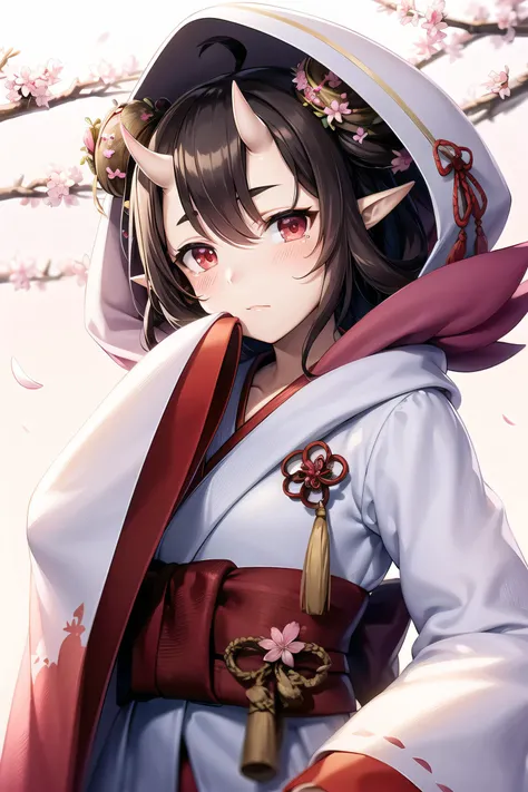 masterpiece, best quality, momonosei, ultra_high_res, realistic, lustrous skin, ray_tracing, detailed_background, 3d face,
1girl, solo, hood up, brown hair, japanese clothes, horns, kimono, oni horns, hood, red eyes, hair between eyes, hair ornament, pointy ears, wide sleeves, long sleeves, skin-covered horns, hair flower, uchikake, bangs, double bun, hair bun, red sash, blush, sleeves past wrists, tassel, wataboushi, obi, short hair, small breast, sash,
upper body, flower, tree, sad, tears, cry, close mouth, Cherry blossoms,
<lora:momonosei:1:MIDD>