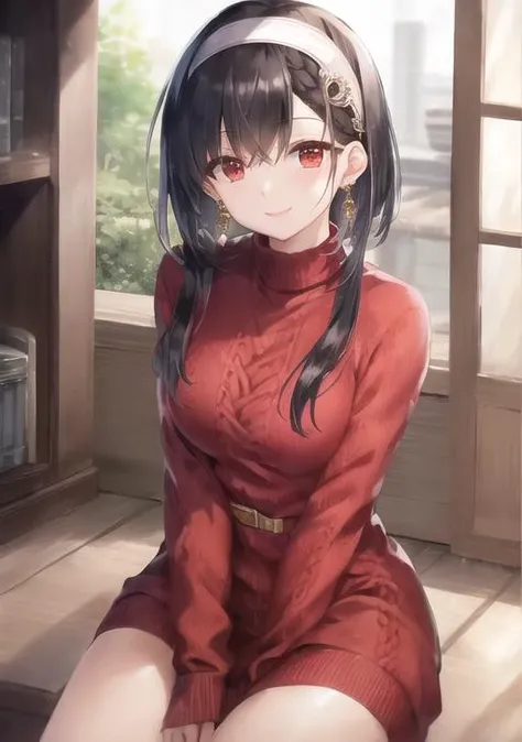 (masterpiece, best quality), solo, red sweater, red eyes, black hair, short hair with long locks, white hairband, gold earrings, smile, happy, best quality, indoors, [focus], <lora:yorForger_v1:1.3>