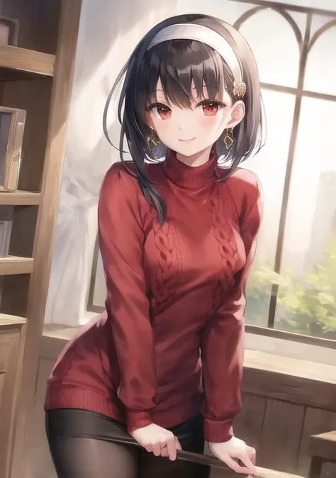 (masterpiece, best quality), solo, red sweater, red eyes, black hair, short hair with long locks, white hairband, gold earrings, smile, happy, best quality, indoors, [focus], <lora:yorForger_v1:1.3>