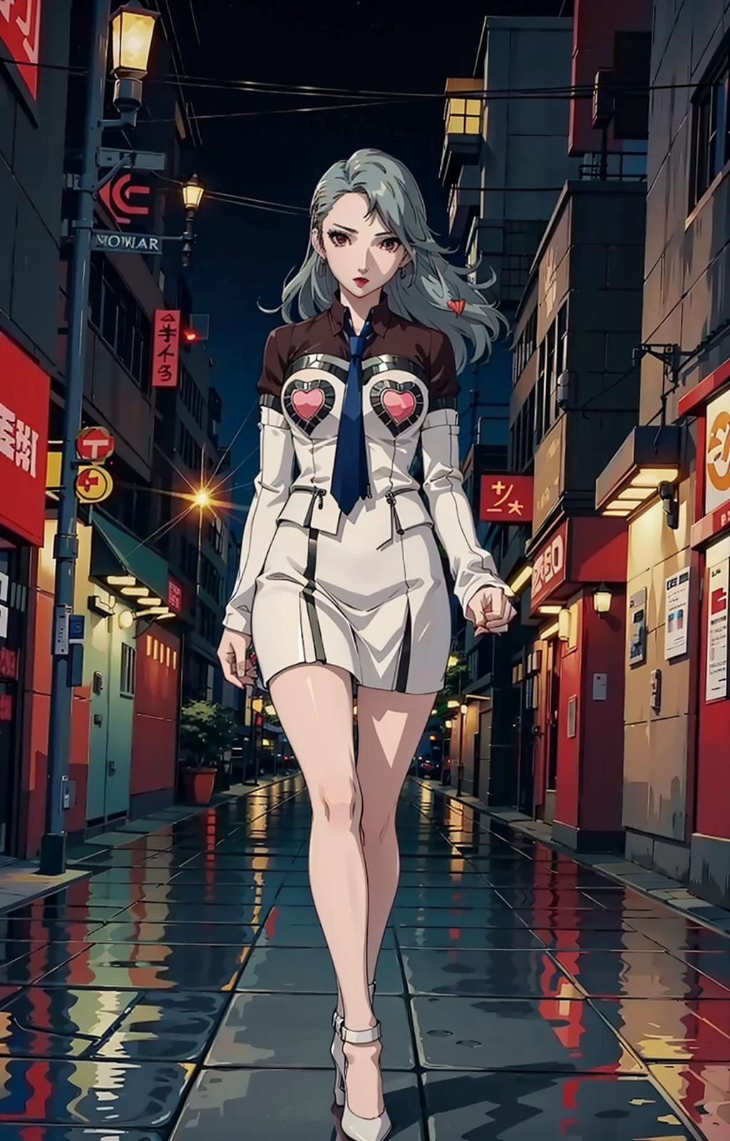 outside:3, Shibuya streets, nighttime, look at viewer, stilettos, saep5, standing,earrings, silver hair, long hair, brown multicolor short dress, hearts, tie, large breasts, hands in fists <lora:MayaAmanoPersona3:0><lora:SaeP5:0>