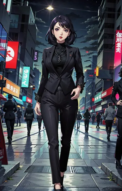 outside:3, Shibuya streets, nighttime, look at viewer, stilettos, Maya Amano [Persona], short black hair, purple eyes, standing,earrings, p5cl, large breasts, hands in fists <lora:MayaAmanoPersona3:0><lora:SaeP5:0>