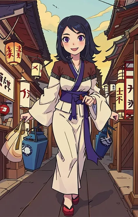 <lora:MayaAmanoPersona3:1> anime illustration, best quality, scenic background, vanishing point, edo japan, shop stalls, rows of shops, lanterns, maya amano [persona], 1girl, kimono with sash, long dress, happy expression