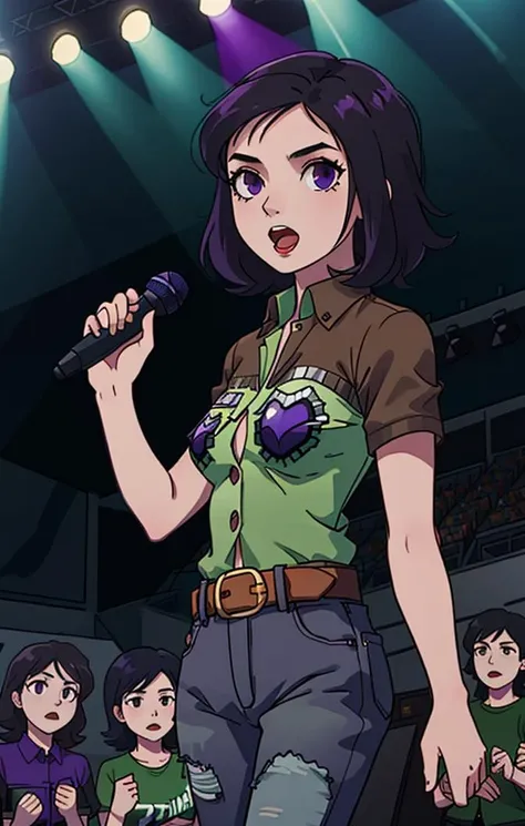 <lora:MayaAmanoPersona3:1> best shadows, dappled light, rimlights, on stage, (idol:1.1), (green shirt), (button up shirt:1.3), jeans, belt, short sleeves, holding microphone, singing, crowd, cheering crowd, maya amano [persona], short black hair, purple eyes, bare shoulders