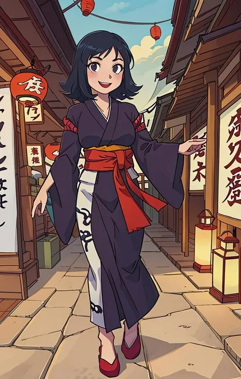 <lora:MayaAmanoPersona3:1> anime illustration, best quality, scenic background, vanishing point, edo japan, shop stalls, rows of shops, lanterns, maya amano [persona], 1girl, kimono with sash, long dress, happy expression