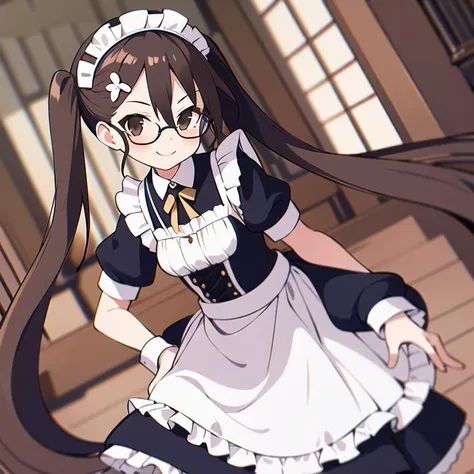 1girl, solo, masterpiece, best quality, illustration, absurdres, cute, film_grain, extremely detailed face, perfect lighting, smile, cowboy shot, <lora:kazamatsuri_fuuka:0.8>, fuuka, long hair, twintails, maid, maid dress, glasses, hair ornament,
