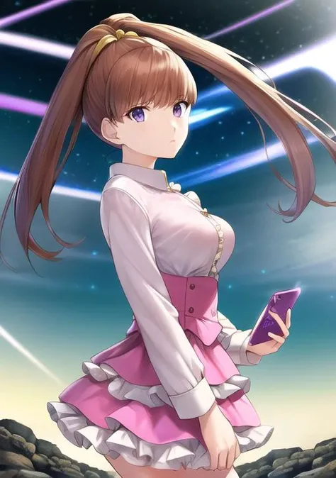 best quality, masterpiece, highres, detailed, perfect anatomy, <lora:Style - add_detail:0.2>, cowboy shot, amanene, high twintails, high ponytail, split ponytail, purple eyes, yellow hair tie, medium breasts, blunt bangs, long hair, brown hair, <lora:DigiNene-09:0.9>, BREAK mature female, milf, white and pink shirt, buttons, frills, frilled skirt, holding phone, desert, rocks, serious, dynamic angle, sparkles, shining, digital effect, glitch, floating screens, sci-fi, digimon,