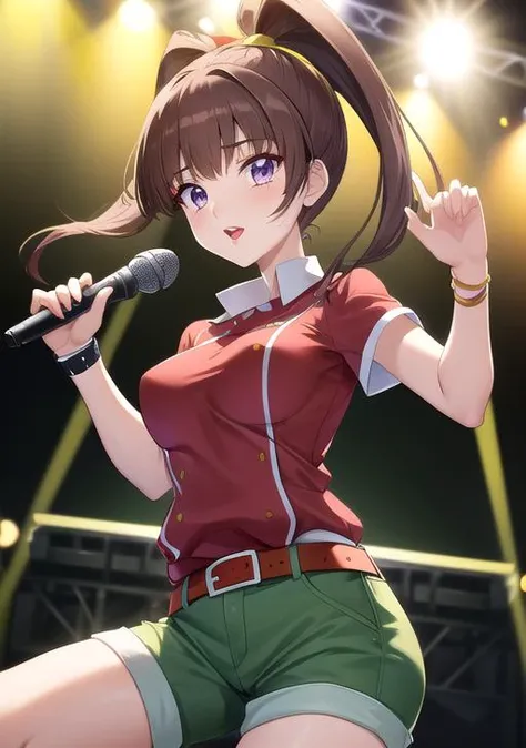 best quality, masterpiece, highres, detailed, perfect anatomy, <lora:Style - add_detail:0.2>, cowboy shot, amanene, high twintails, high ponytail, purple eyes, yellow hair tie, medium breasts, blunt bangs, long hair, brown hair, <lora:DigiNene-09:0.9>, BREAK mature female, milf, white and red shirt, red belt, green shorts, green pants, red lips, idol, holding microphone, stage, lights, jumping, makeup,