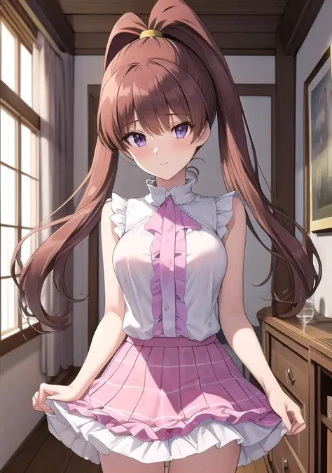 best quality, masterpiece, highres, detailed, perfect anatomy, <lora:Style - add_detail:0.2>, cowboy shot, amanene, high twintails, high ponytail, purple eyes, yellow hair tie, medium breasts, blunt bangs, long hair, brown hair, <lora:DigiNene-09:0.9>, BREAK pink skirt, frills, frilled skirt, pink blouse, mature female, milf, castle, indoors,