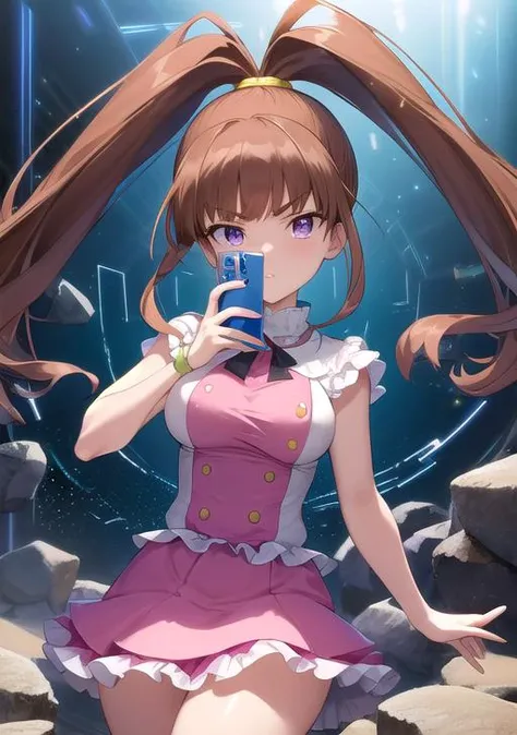 best quality, masterpiece, highres, detailed, perfect anatomy, <lora:Style - add_detail:0.2>, cowboy shot, amanene, high twintails, high ponytail, purple eyes, yellow hair tie,  medium breasts, blunt bangs, long hair, brown hair, <lora:DigiNene-09:0.9>, BREAK mature female, milf, white and pink shirt, buttons, frills, frilled skirt, holding phone, desert, rocks, serious, dynamic angle, sparkles, shining, digital effect, glitch, floating screens, sci-fi, digimon,