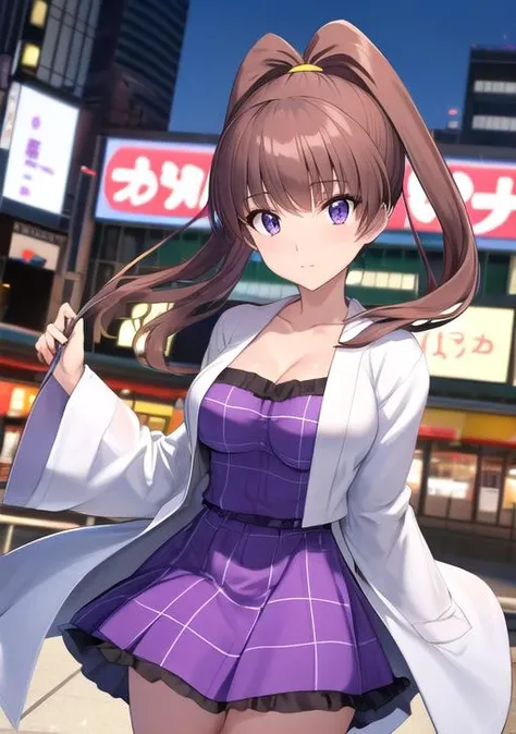 best quality, masterpiece, highres, detailed, perfect anatomy, <lora:Style - add_detail:0.2>, cowboy shot, amanene, high twintails, high ponytail, purple eyes, yellow hair tie, medium breasts, blunt bangs, long hair, brown hair, <lora:DigiNene-09:0.9>, BREAK labcoat, purple dress, mature female, milf, tokyo, city,