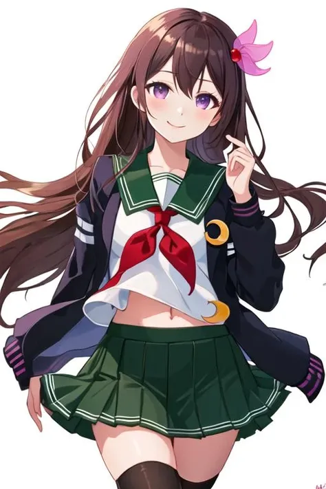 best quality, masterpiece, highres, solo, {kisaragi_kantaicollection:1.15}, long_hair, brown_hair, hair_ornament, purple_eyes, smile, serafuku, 1girl, black_jacket, cowboy_shot, crescent_pin, green_sailor_collar, green_skirt, jacket, looking_at_viewer, neckerchief, one-hour_drawing_challenge, pleated_skirt, red_neckerchief, sailor_collar, school_uniform, skirt, white_background, simple_background