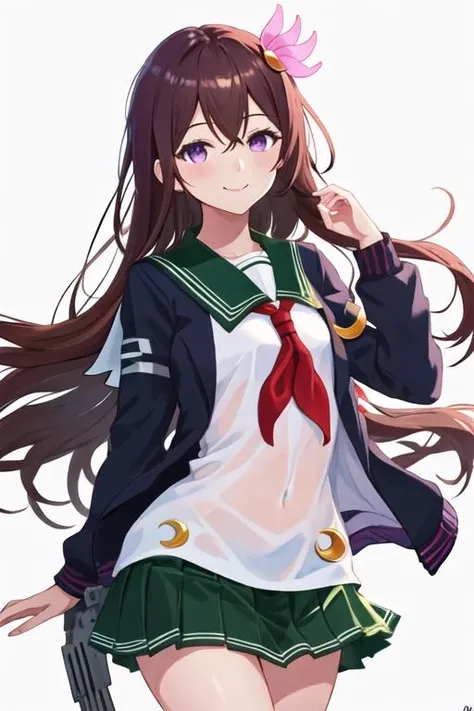 best quality, masterpiece, highres, solo, {kisaragi_kantaicollection:1.15}, long_hair, brown_hair, hair_ornament, purple_eyes, smile, serafuku, 1girl, green_sailor_collar, jacket, looking_at_viewer, neckerchief, red_neckerchief, sailor_collar, school_uniform, upper_body, white_background, one-hour_drawing_challenge, crescent, crescent_pin, simple_background