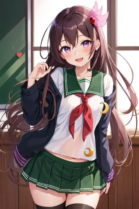 Highest quality, masterpiece, High resolution, 一人in, {Kisaragi_Fleet Collection:1.15}, length_hair, brown_hair, hair_ornament, purple_eye, smile,, One girl, brown_eye, Looking_in_Audience, School_uniform, Simple_background, white_background, blush, upper_body, Sailor_collar