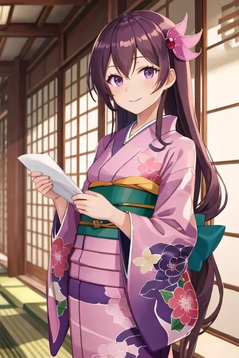 best quality, masterpiece, highres, solo, {kisaragi_kantaicollection:1.15}, long_hair, brown_hair, hair_ornament, purple_eyes, smile, serafuku, 1girl, alternate_costume, floral_print, japanese_clothes, kimono, red_kimono, obi, sash, looking_at_viewer, purple_hair