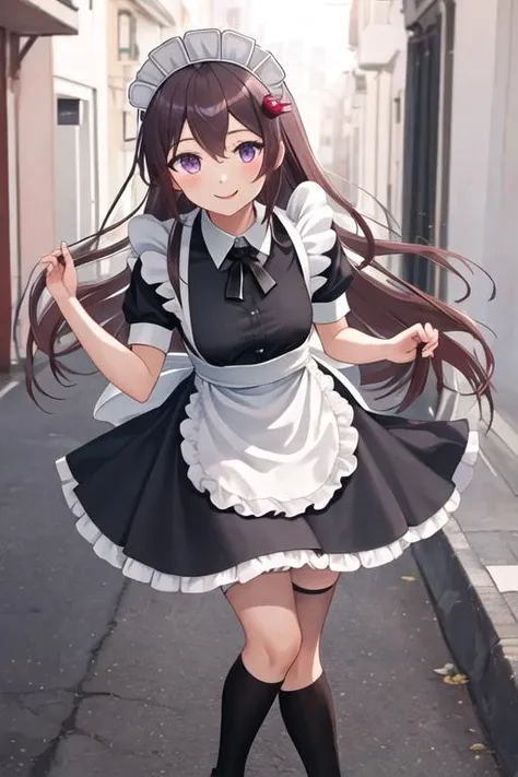 best quality, masterpiece, highres, solo, {maid:1.40}, {long maid dress:1.15}, {kisaragi_kantaicollection:1.15}, long_hair, brown_hair, hair_ornament, purple_eyes, smile, serafuku