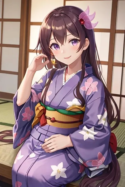best quality, masterpiece, highres, solo, {yukata:1.40}, {kimono:1.20}, {kisaragi_kantaicollection:1.15}, long_hair, brown_hair, hair_ornament, purple_eyes, smile, serafuku