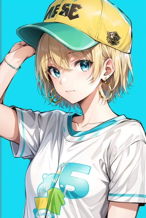 saitou masatsugu, masterpiece, best quality, 1girl, aqua eyes, baseball cap, blonde hair, closed mouth, earrings, green background, hat, hoop earrings, jewelry, looking at viewer, shirt, short hair, simple background, solo, upper body, yellow shirt <lora:saitou_masatsugu_offset:1>