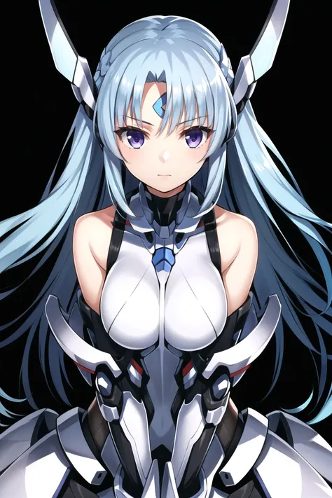 saitou masatsugu, kos-mos, 1girl, android, bare shoulders, blue hair, forehead protector, headgear, light blue hair, long hair, looking at viewer, purple eyes, solo, very long hair, white background, ((masterpiece)) <lora:saitou_masatsugu_offset:1>