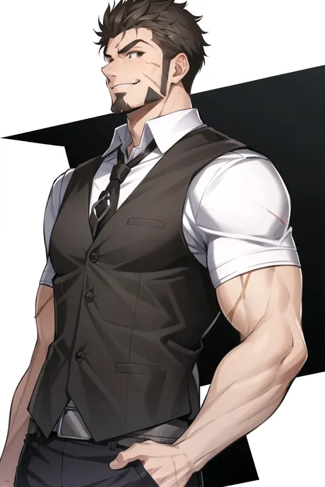 saitou masatsugu, 1boy, biceps, brown eyes, brown hair, buckle,  facial hair, upper body, goatee, looking to the side, male focus, muscular, muscular male, over shoulder, scar, scar across eye, smile, solo, spiked hair, standing, white background, vest, ((masterpiece))  <lora:saitou_masatsugu_offset:1>