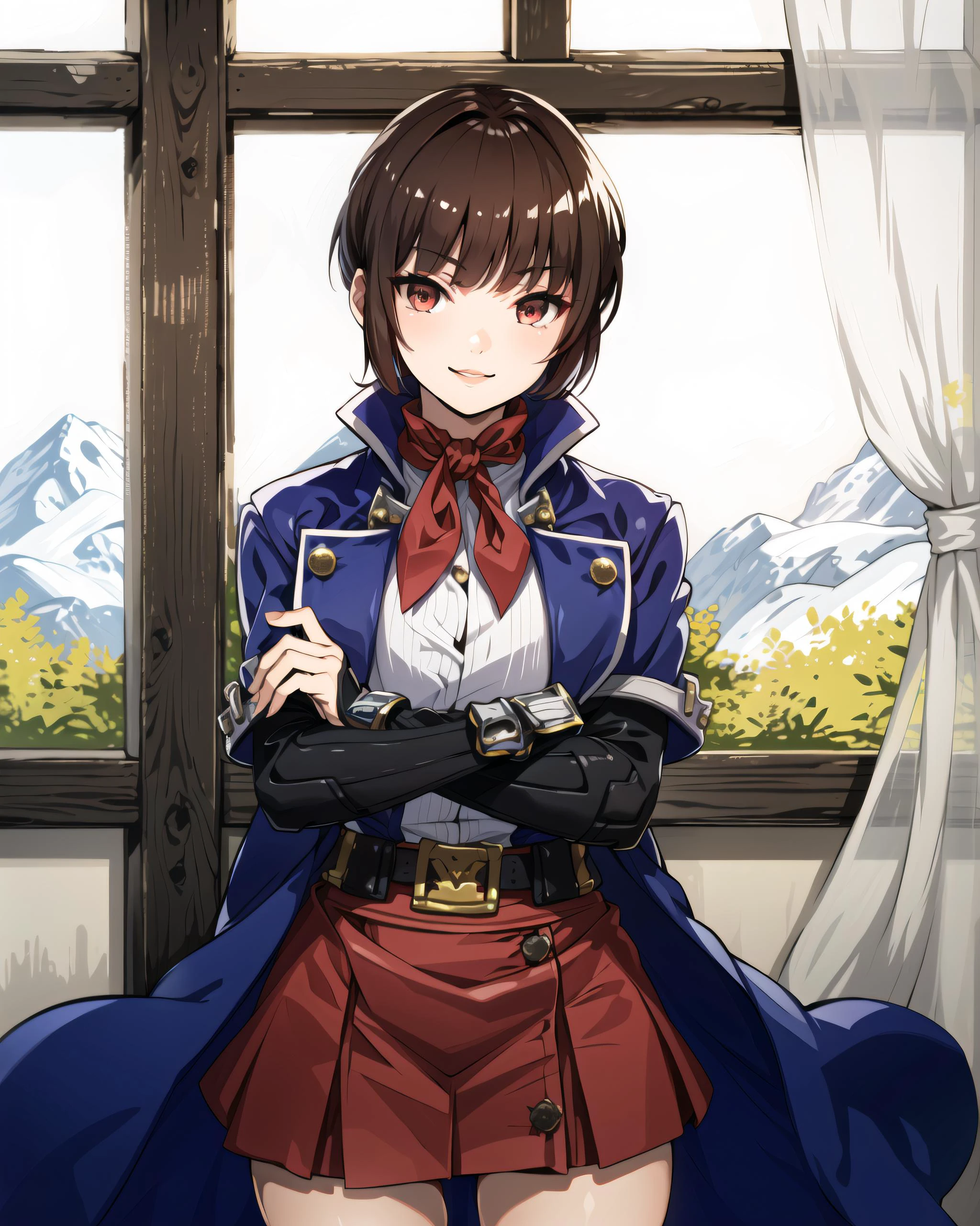 (monestary, window mountain, out-of-focus)
(cowboy shot), sfw, (masterpiece), (best quality:1.0), (ultra highres:1.0), detailed eyes, detailed clothing texture, beautiful face, Isabeau posing, arms crossed, smiling
brownish-red eyes, saitou masatsugu, blue coat with white trim, gauntlets, skirt, red kerchief
<lora:Isabeau_SMT4:0.4>, <lora:xeno saitou masatsugu:0.9>