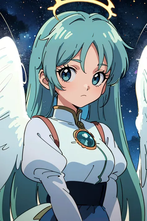 retro artstyle,2000s (style),2000s \(style\),(anime coloring, anime screencap, ghibli, mappa, anime style), 1girl, hatsune miku, white gown, angel, angel wings, golden halo, dark background, upper body, (closed mouth:1.2), looking at viewer, blue theme, stars, starry night, (masterpiece), (best quality) <lora:retro artstyle_V1:0.4>