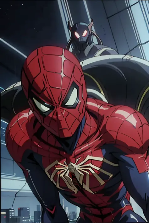 retro artstyle,2000s (style),2000s \(style\),(anime coloring, anime screencap), <lora:retro artstyle_V1:0.55>,Spiderman,iron spider,black,neon blue lining, cool outfit, futuristic