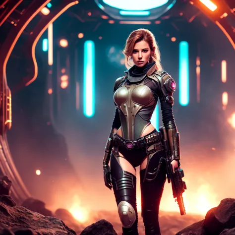 an attractive woman [gunslinger:bounty hunter:0.4] standing in a scifi wilderness (joviantech style:1) <lora:djzJovianTech_LB2:0.8>