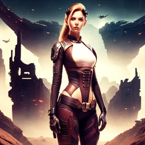 an attractive woman [gunslinger:bounty hunter:0.4] standing in a scifi wilderness (joviantech style:1) <lora:djzJovianTech_LB2:0.8>